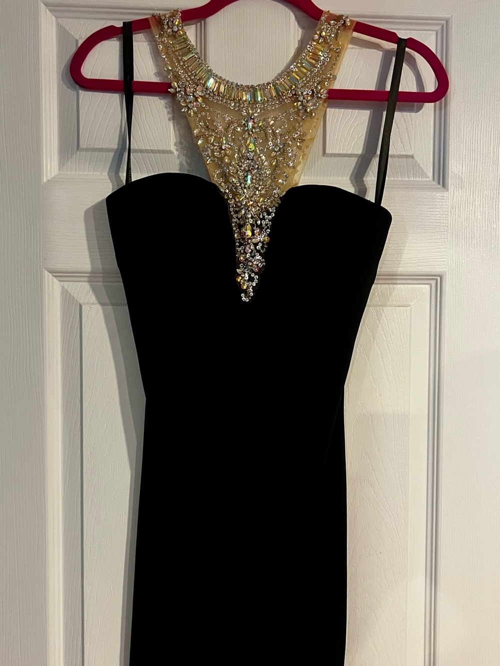 Rachel Allan Black Dress with Gold Jeweled Illusion Neckline
